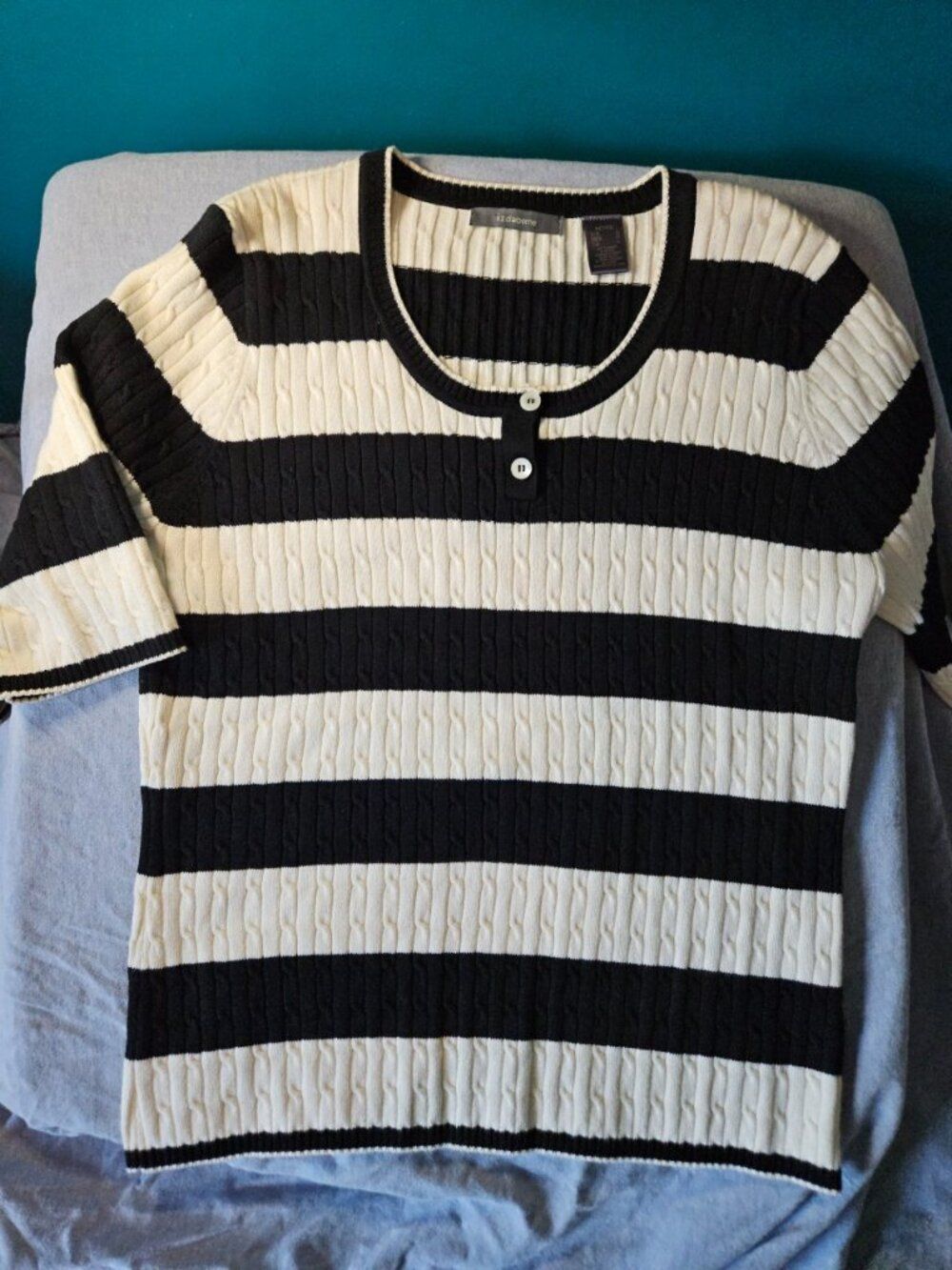 Liz Claiborne Black Cream Striped Cable Knit Henley Sweater Top - Petite L